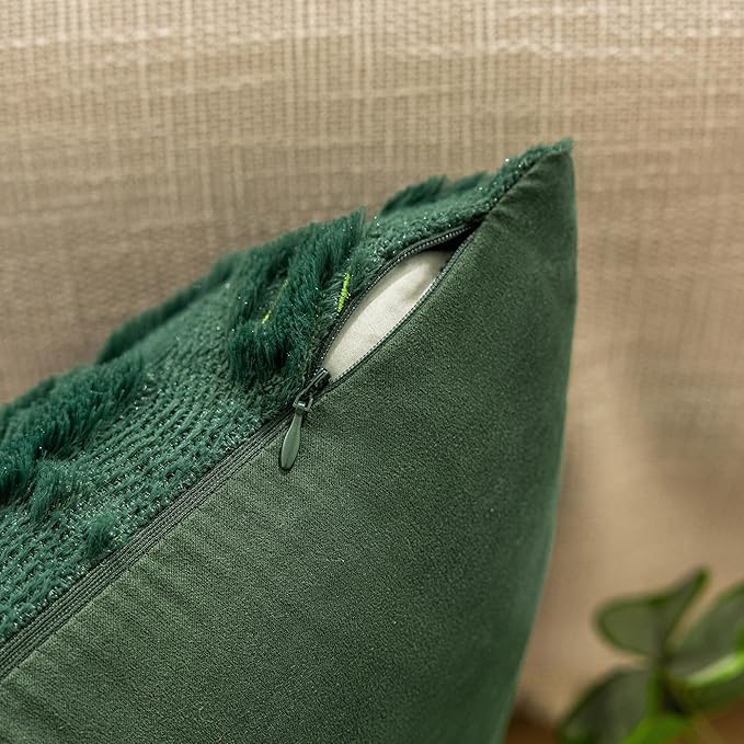 AQOTHES Christmas Tree Decorative Green Throw Pillow Covers 20x20 Set of 2, Faux Fur Farmhouse Throw Pillows Cushion Cases for Xmas Winter Holiday Home Decor
