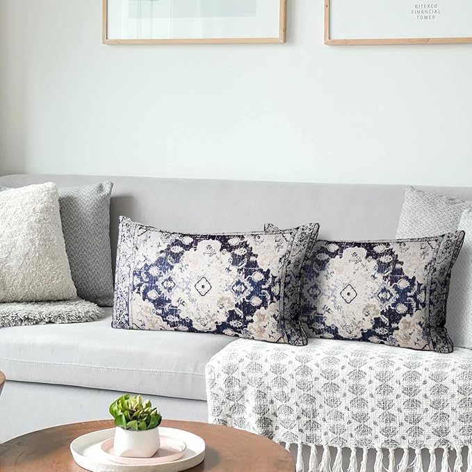 Snycler Boho Throw Pillow Covers 12x20 inch Set of 2 Boho Rug Carpet Double Sided Pattern Cotton Soft Pillow Case Cushion Cover Pillowcase for Couch Sofa Bed Decorative (Navy Blue)