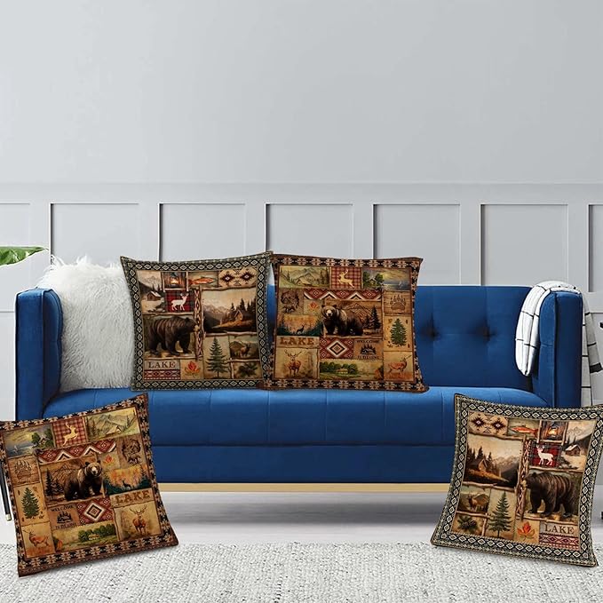 Vintage Rustic Lodge Bear Pillow Covers 18x18 Inch Set of 4, Farmhouse Cabin Throw Pillow Cases for for Couch Bed Sofa Chair Cushion Living Room Decor Brown Cain Pillowcases