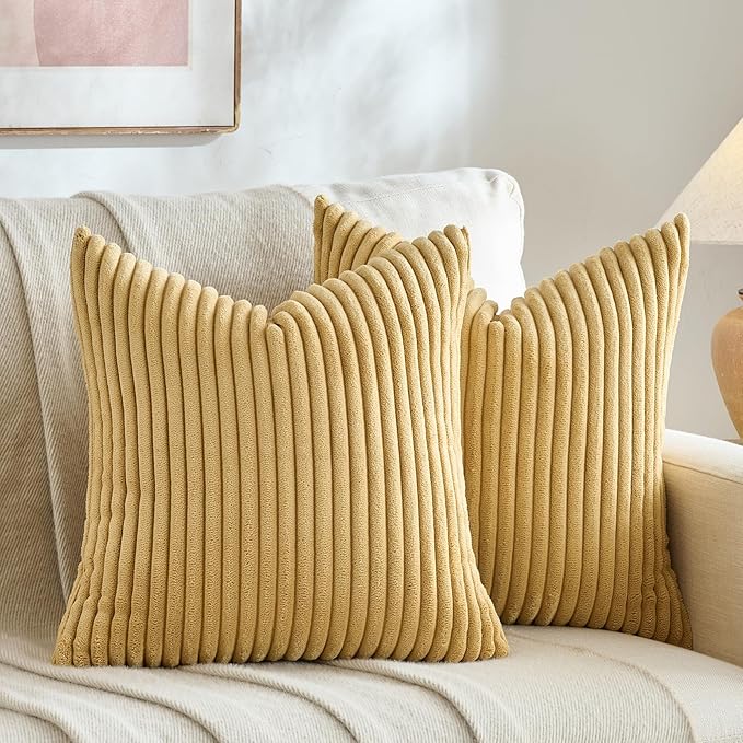 Fancy Homi Set of 2 Mustard Yellow Boho Decorative Throw Pillow Covers 20x20 Inch for Bedroom Couch Bed, Soft Fuzzy Cozy Striped Corduroy Cushion Case, Bohemian Home Decor, Bohemian Fall Home Décor