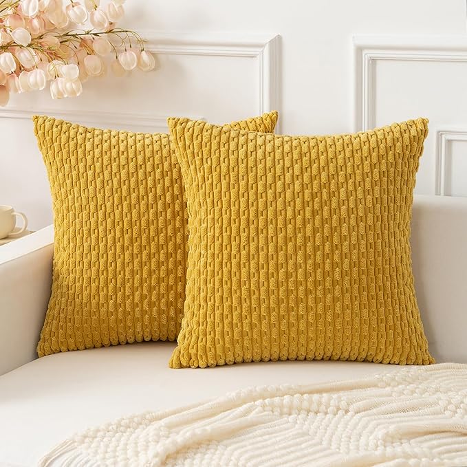 Kevin Textile Throw Pillow Covers Soft Corduroy Decorative Set of 2 Boho Striped Pillow Covers Pillowcases Farmhouse Home Decor for Couch Bed Sofa Living Room 22x22 Inch Mustard Yellow