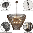 31.49" Large Black Rattan Vintage Farmhouse 12-Light Boho Hand-Woven Bamboo Black Chandeliers Light Fixture Retro Drum Wicker Rattan Chandelier for Dining Room, Kitchen, Living Room, E12