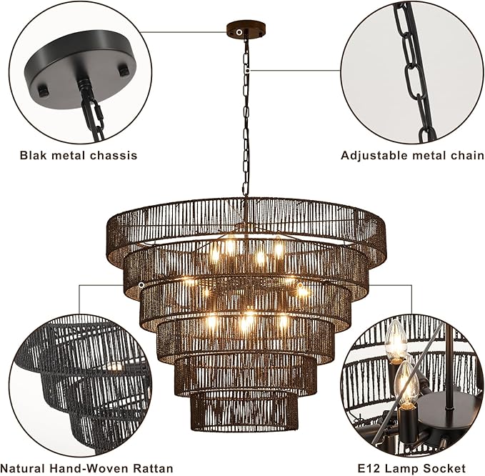 31.49" Large Black Rattan Vintage Farmhouse 12-Light Boho Hand-Woven Bamboo Black Chandeliers Light Fixture Retro Drum Wicker Rattan Chandelier for Dining Room, Kitchen, Living Room, E12
