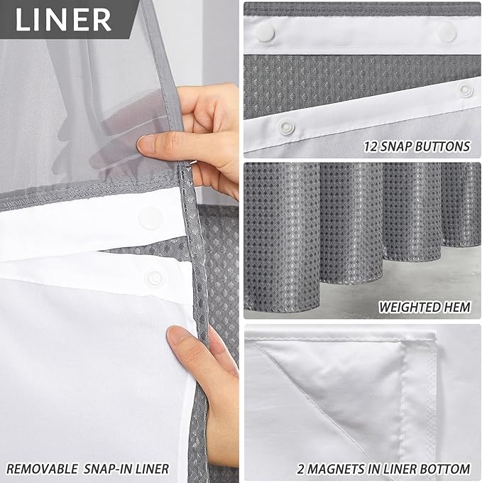 Furlinic No Hook Shower Curtain with Snap in Fabric Liner Set,Waffle Weave Heavy Duty Bathroom Curtain with See Through Window,Waterproof & Machine Washable,Hotel Style,Light Grey,71x75 Inch