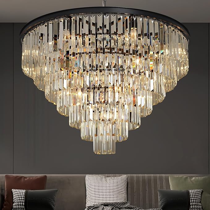 Large Crystal Chandeliers for High Ceiling, 7-Tier Modern Black Top K9 Dining Room Chandelier 17 Lights Luxury Round Ceiling Pendant Light Fixture for Living Room Entryway Staircase Foyer