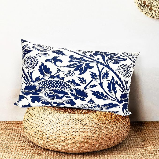 Decorative Throw Pillow Covers Set of 2 Blue Pillow Covers 12x20 inch Short Plush Square Pillows Cover Floral Throw Pillows,Farmhouse Outdoor Pillow Covers for Couch Sofa Bed Living Room