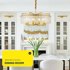Gold Crystal Chandeliers for Dining Room 10-Light, 29.5” Modern Water Ripple Glass Light Fixture, Farmhouse Round Lighting for Kitchen Island, Bar Table