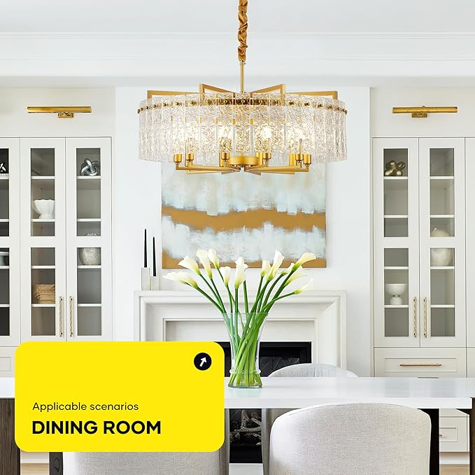 Gold Crystal Chandeliers for Dining Room 10-Light, 29.5” Modern Water Ripple Glass Light Fixture, Farmhouse Round Lighting for Kitchen Island, Bar Table