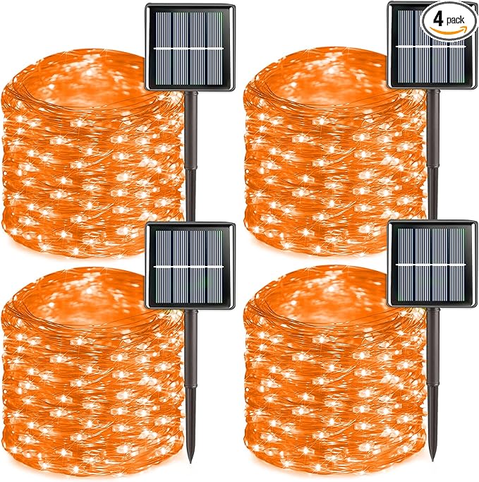 QITONG 4 Pack Orange Solar Fairy Lights, Each 33ft 100 LED Halloween Lights Outdoor Waterproof, 8 Modes Copper Wire Mini String Lights