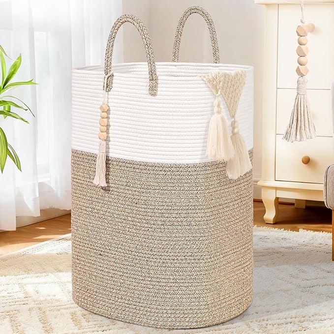 Woven Laundry Basket for Clothes, 50L Large Rectangle Laundry Hampers with Beads Tassel, Nursery Storage Basket for Toys, Tall Dirty Clothes Hamper for Bedroom Aesthetic, Laundry Room Organization