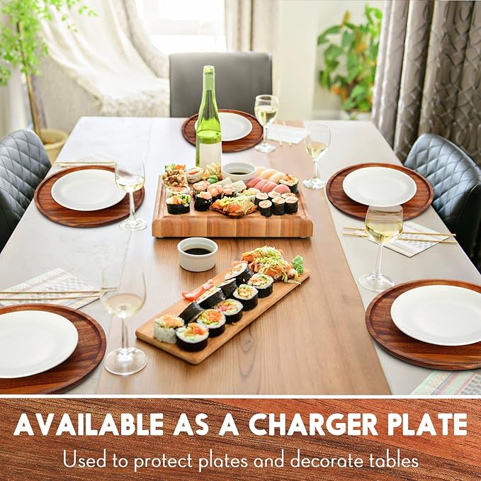 Rtteri 10 Pieces Acacia Round Wood Plates 12 x 0.6 Inch Dinner Plates Wooden Charger Platter Bulk Easy Cleaning Lightweight Serving Tray for Dishes Snack Dessert