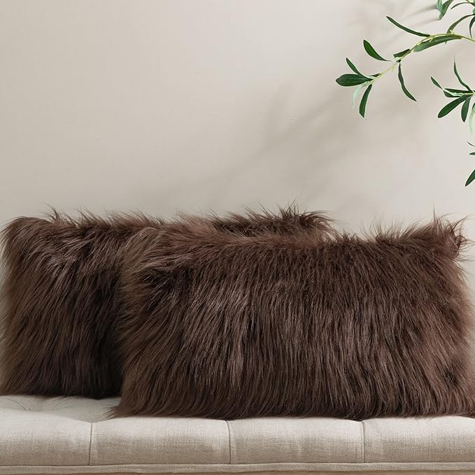 Phantoscope Pack of 2 Faux Fur Throw Pillow Covers Cushion Covers Luxury Soft Decorative Pillowcase Fuzzy Pillow Covers for Bed/Couch,Coffee 12 x 20 Inches