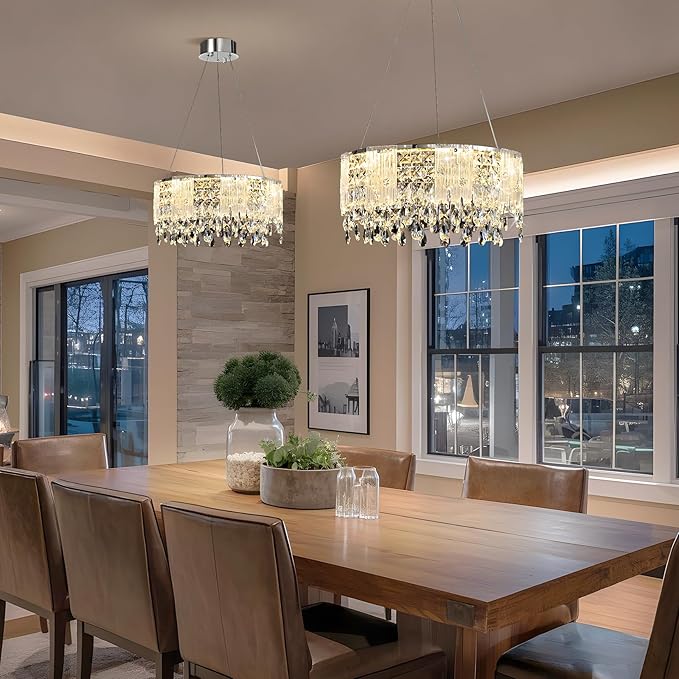 Modern Crystal Chandelier with Glass Panels, Dimmable LED Ceiling Light with Remote Control,Modern 20'' Round Chandeliers Lights Fixtures for Living Room, Dining Room, Bedroom