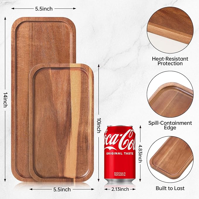 Acacia Wood Serving Platters and Trays - 14" x 5.5" Wooden Mini Charcuterie Boards, Small Cheese Board, Rectangle Wooden Tray for Kitchen Counter, Bathroom, Home Decor, Party (10, 14"X5.5")