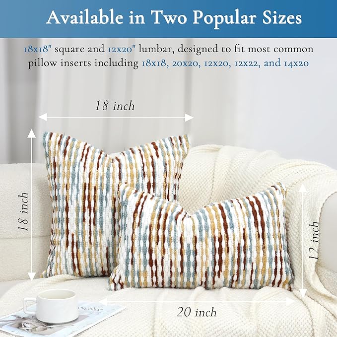 Boho Decorative Throw Pillow Covers 18x18 Inch, Chenille Tufted Pillow Cover Stripe Textured Square Farmhouse Accent Pillowcase for Couch Sofa Bedroom Living Room, Red White Khaki Grey 2 Pack