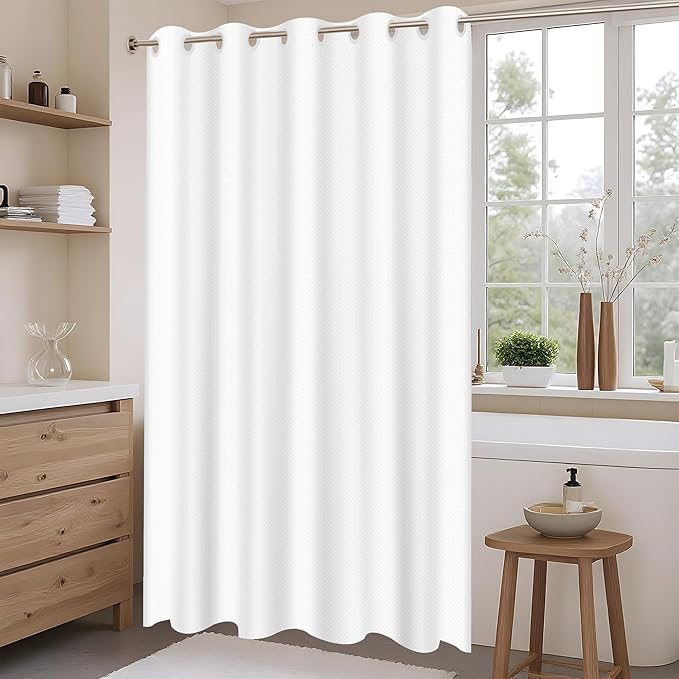 No Hook Shower Curtain, White Modern Chevron Striped Luxury Hotel Style, Washable Waterproof Fabric for Bathroom, 15 Seconds Quick Install, 72W x 86L Inches