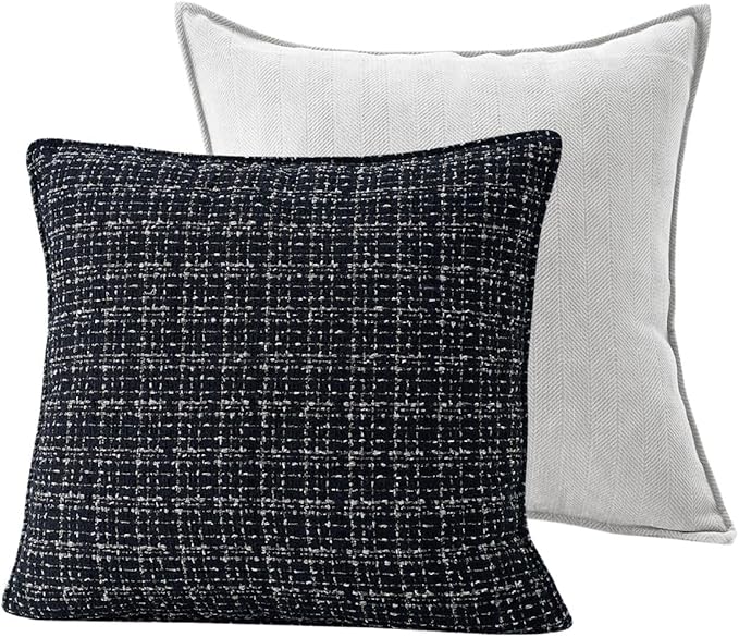 Luxury Tweed & Chenille Throw Pillow Covers – Set of 2 (18" x 18") with Soft and Luxurious Textures Decorative Throw Pillows for Couch, Bed, and Home Decor (Black)