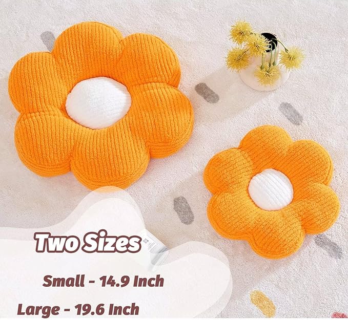 Flower Pillow, Cute Daisy Decorative Pillow for Bed, Soft Home Decor Floor Seating Cushion (Orange, 19.6 Inches)