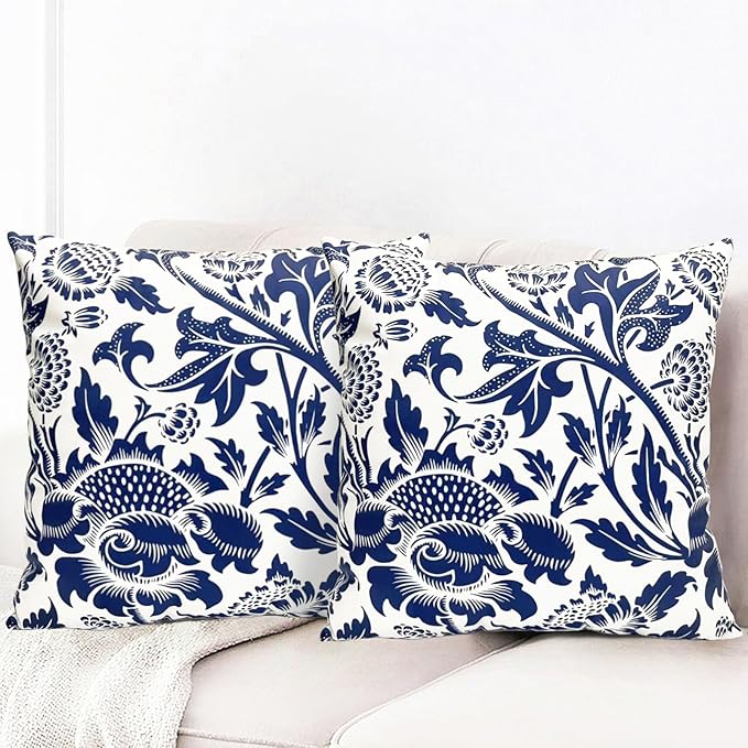 Decorative Throw Pillow Covers Set of 2 Blue Pillow Covers 18x18 inch Short Plush Square Pillows Cover Floral Throw Pillows,Farmhouse Outdoor Pillow Covers for Couch Sofa Bed Living Room