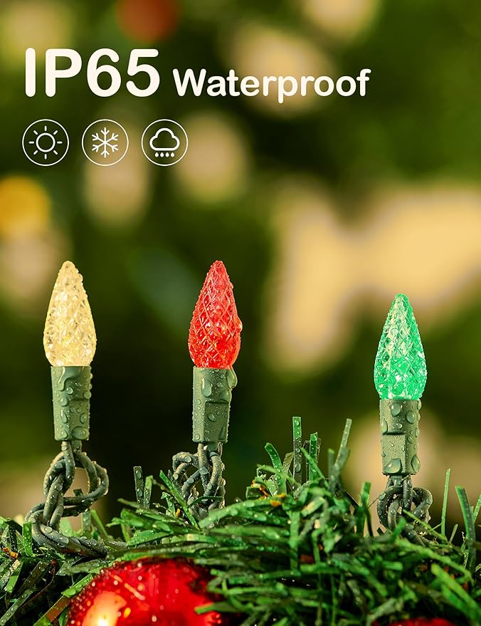 BOHON Red White and Green Christmas Lights, Faceted C6 34ft 100 LED String Lights Plug in, Extendable Green Wire Mini String Lights for Outdoor Indoor Xmas Tree Decoration Waterproof UL Certified