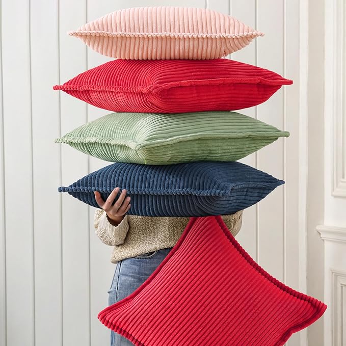 decorUhome Christmas Corduroy Red Throw Pillow Covers 18x18 Set of 2 Decorative Soft Boho Farmhouse Euro Couch Pillow Covers for Living Room Bed Sofa Broadside Striped Pillow Cases
