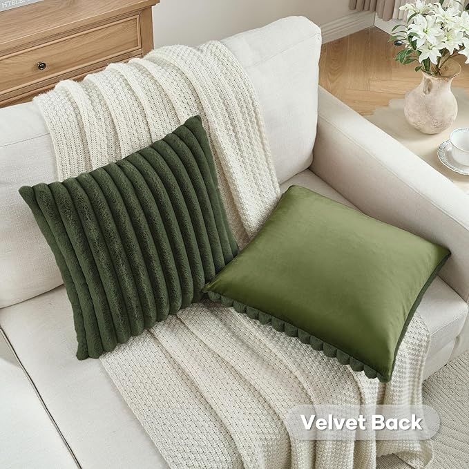 FUTEI Olive Green Striped Decorative Throw Pillow Covers 22x22 Inch Set of 2,Square Winter Decorations Couch Pillow Case,Soft Cozy Faux Rabbit Fur & Velvet Back,Modern Home Decor for Bed