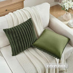 FUTEI Olive Green Striped Decorative Throw Pillow Covers 16x16 Inch Set of 2,Square Winter Decorations Couch Pillow Case,Soft Cozy Faux Rabbit Fur & Velvet Back,Modern Home Decor for Bed