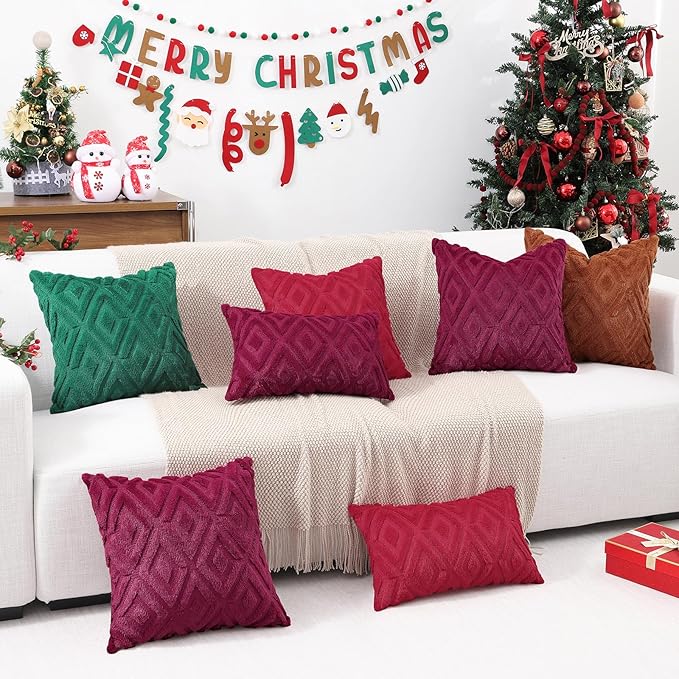 Pallene Christmas Burgundy Throw Pillow Covers 20x20 Set of 2, Soft Plush Faux Fur Decorative Couch Pillow Covers for Sofa Bed Living Room Pillow Cases with 3D Diamond Pattern