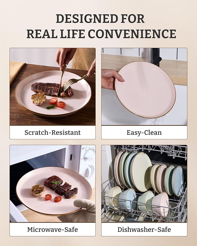 Famiware Saturn Dinnerware Sets, Plates and Bowls Sets for 4, 12 Pieces Stoneware Dish Set - Chip and Scratch Resistant, Microwave and Dishwasher Safe Tableware Set, Light Pink with Rim