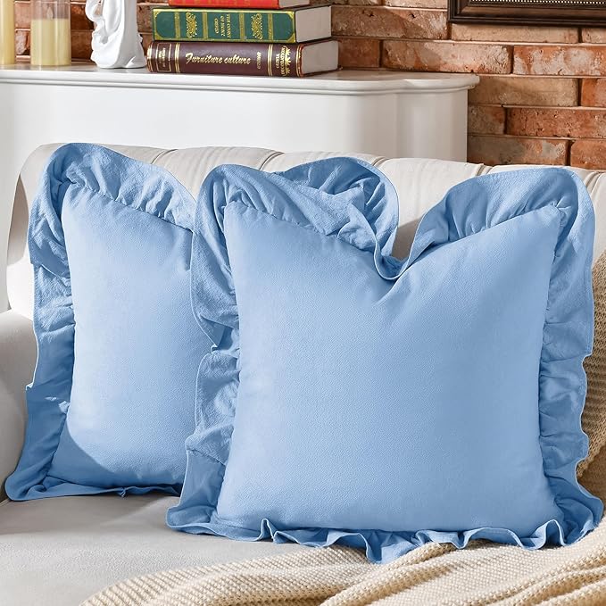 AmHoo Pack of 2 Throw Pillow Covers 100% Cotton Pre Washed Ruffle Decorative Pillowcase Cushion for Couch Sofa Bedroom 16 x 16-Inch Light Blue