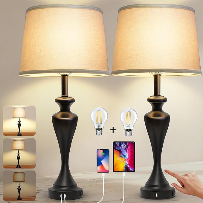 28.5" Tall Touch Table Lamp Set of 2, Bedside Lamps with USB C+A & AC Port, 3 Way Dimmable Lamps for Night Stands, 2700K Black Farmhouse Bedroom Lamp for Living Room End Tables Office Desk