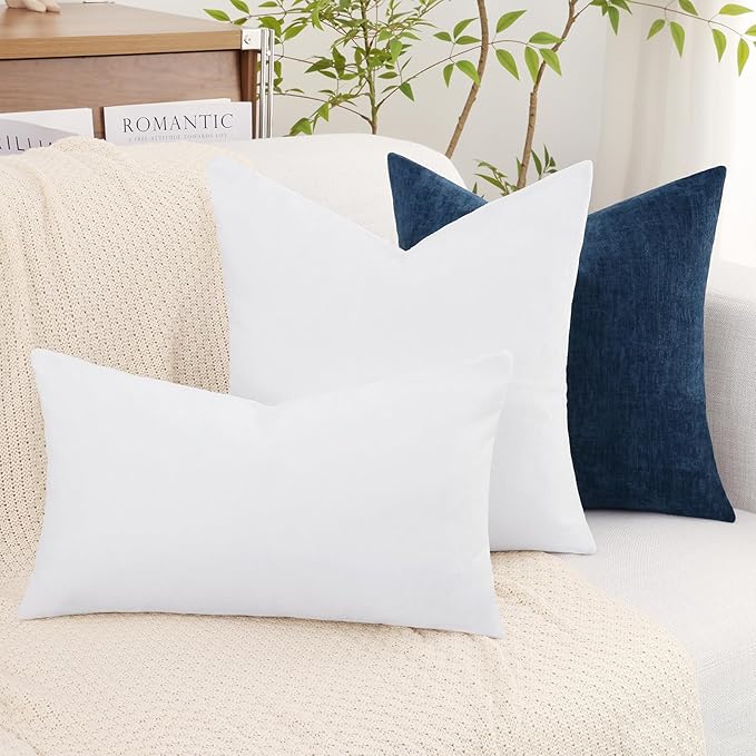 decorUhome Chenille White Throw Pillow Covers 20x20 Inch Set of 2, Decorative Soft Couch Pillow Covers Solid Dyed Accent Velvet Farmhouse Neutral Square Christmas Pillow Cases for Sofa Bed Living Room