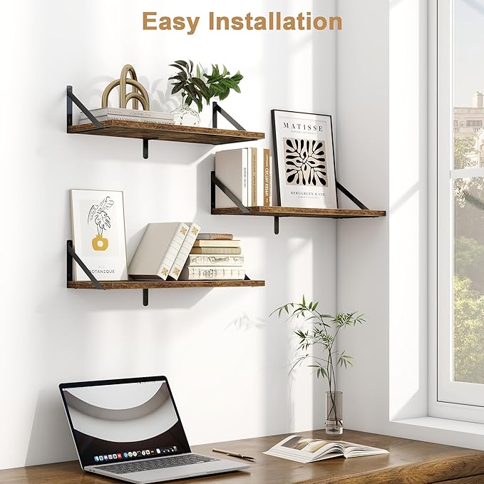 Fun Memories Floating Bookshelves, Set of 3 Wall-Mounted Wood Shelves 24" W x 8" D, Decorative Wall Shelf for Living Room, Bedroom, Bathroom, and Laundry Room (Rustic Brown)