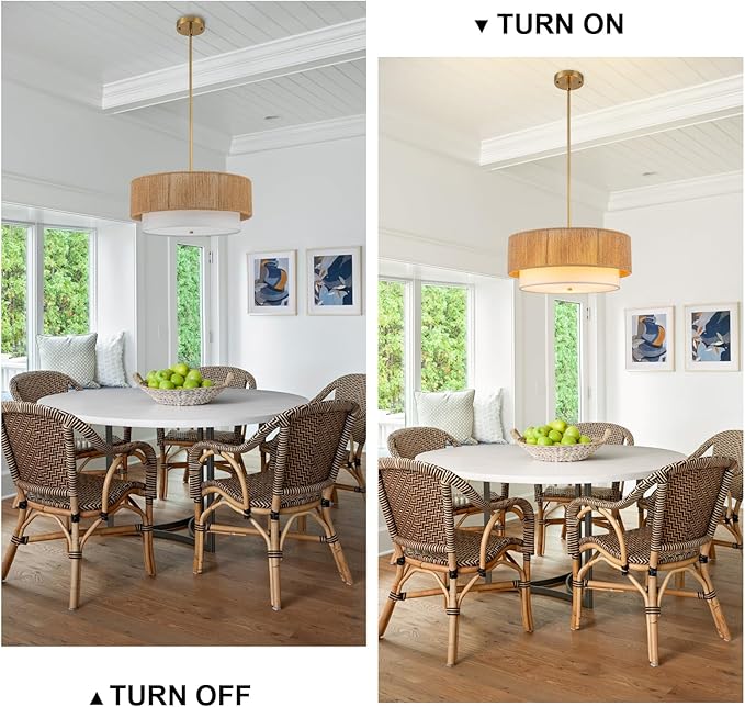 Rattan Farmhouse Chandeliers for Dining Room，Rattan Pendant Light Fixture Boho Light Fixtures with Fabric Shade Chandeliers for Bedroom Dining Room Foyer Kitchen Hallway Farmhouse（Gold）