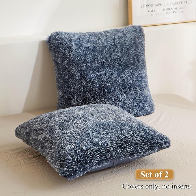 XeGe Soft Faux Fur Throw Pillow Covers, Luxury Fluffy Cushion Covers, Shaggy Plush Furry Pillow Cases, Fuzzy Decorative Pillow Covers Pack of 2 for Sofa Bed Couch (18''x18'', Navy Blue Ombre)