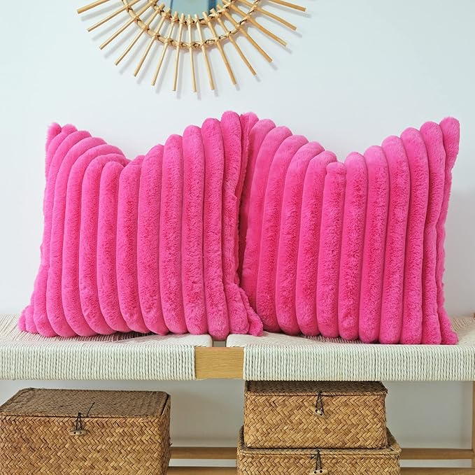 JOJUSIS Pack of 2 Faux Fur Plush Decorative Throw Pillow Covers Couch Cushion Case Soft Pillowcases (Hot Pink, 22 x 22-Inch)