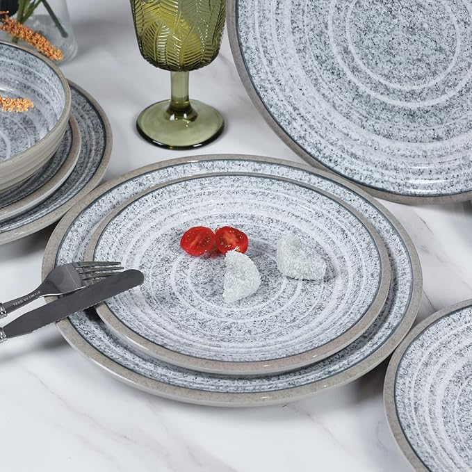 Melamine Dinnerware Sets 12 PCS - Service for 4 Plates & Bowls Sets Dishwasher Top-Shelf Safe, BPA Free Dinner Dishes Set for Everyday Use-Granite Pattern Gray