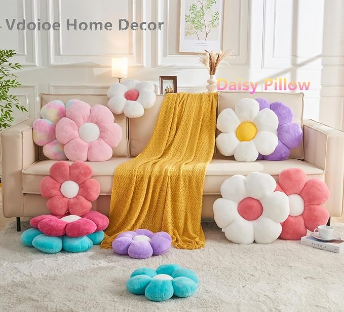 White Flower Pillow, 19.6In Floor Pillow Cushion, Cute Flower Shaped Throw Pillow, Home Decorative Pillows for Sofa, Couch, Bed