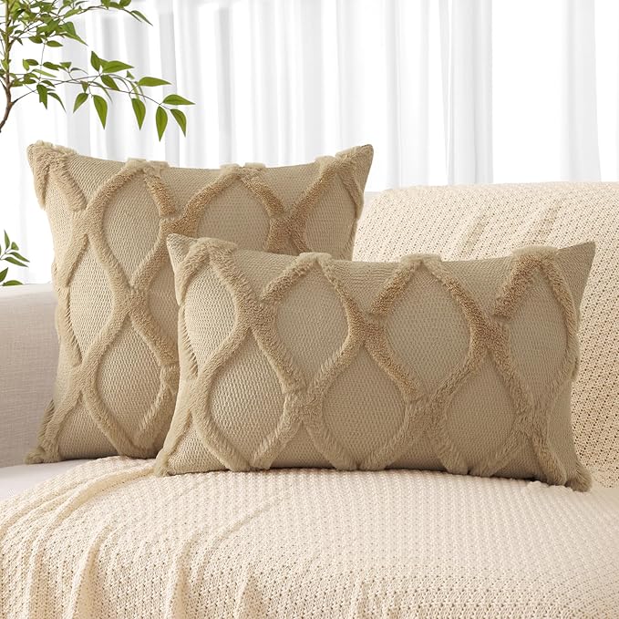 decorUhome Throw Pillow Covers 18x18 Inch Set of 2, Soft Plush Faux Fur Wool Khaki Couch Pillow Covers, Decorative Neutral Pillow Cases for Bed Sofa Living Room Home Decor