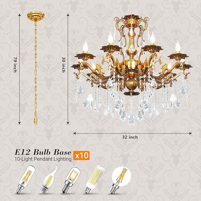 Luxury Copper Crystal Chandelier, 32" Vintage K9 Crystal Pendant Light with 10 Lights, Antique Brass Ceiling Light Fixture with Scrolled Arms for Dining Room Living Room Foyer Villa Hotel