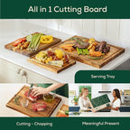 Non-Toxic Set 3 Acacia Cutting Board, Pre-Oiled Premium Wood Cutting Board with Juice Groove and Handles, Suitable for Chopping Meat, Vegetables, Included Gift Box, with Non Slip Feet