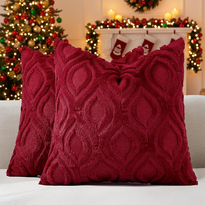 decorUhome Christmas Throw Pillow Covers 26x26 Inch Set of 2, Soft Plush Decorative Faux Fur Burgundy Solid Couch Pillow Covers, Accent Farmhouse Neutral Square Euro Pillow Cases for Sofa Living Room