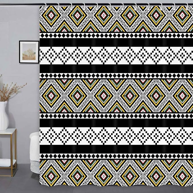 Boho Shower Curtain for Bathroom Bohemian Stripe Neutral Shower Curtains Fabric Black White Yellow Cloth Shower Curtain Modern Bathroom Waterproof Hooks Included 72 x 72 Inch