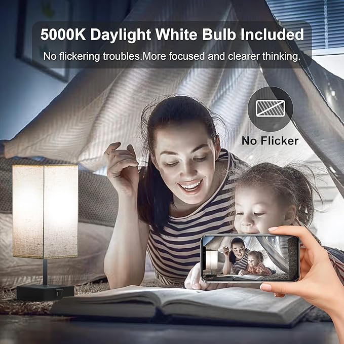 hansang Table Lamp, Touch Bedside Lamps 3 Way Dimmable, USB A&C Charging Port, Small Lamp for Bedroom, Reading Room, 5000K LED Bulb Included