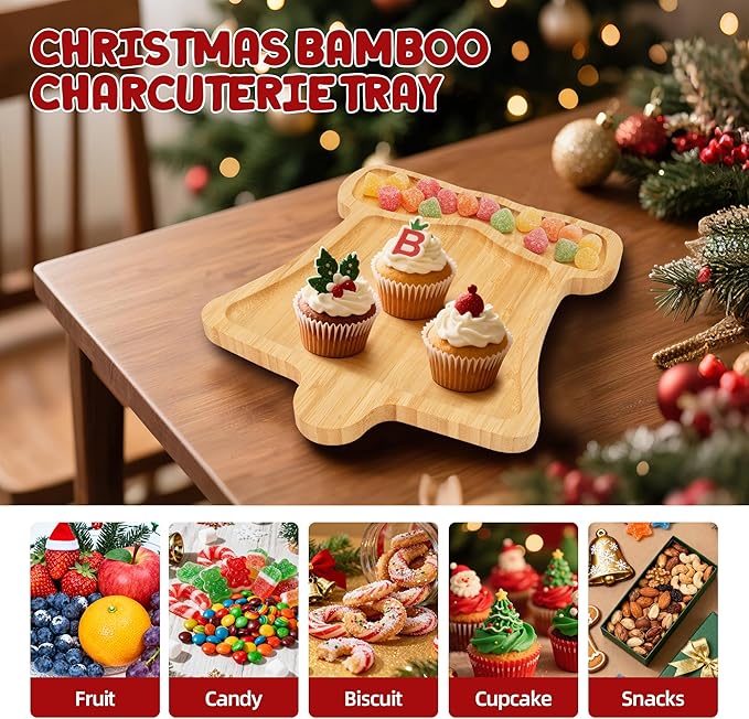 TJ POP Christmas Bell-Shaped Bamboo Serving Platter, Holiday Decorative Jingle Bell Candy Snack Tray, 10” x 9” Natural Wood Serving Tray Cute Charcuterie Board for Cheese, Cookies & Festive Displays