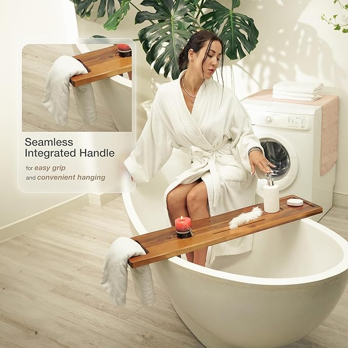 Tinamo Acacia Bathtub Caddy Tray Table | 39 x 9.75 x 2.5 Inch Large Bath Tub Tray Wooden | Anti-Tipping, Sustainable Tub Tray for Bathtub | Bathtub Accessories Holders for Bathtub (Acacia, 39x9.75)