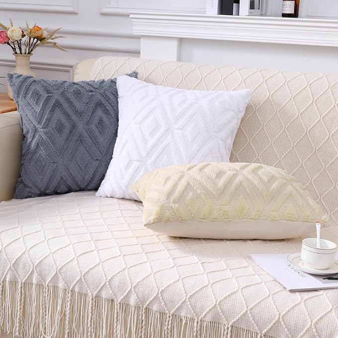 Pallene Blue Grey Throw Pillow Covers 16x16 Set of 2, Soft Plush Faux Fur Decorative Couch Pillow Covers for Sofa Bed Living Room Pillow Cases with 3D Diamond Pattern