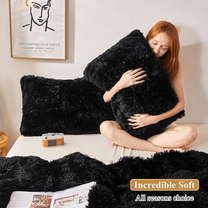 XeGe Faux Fur Throw Pillow Cases, Plush Shaggy Ultra Soft Pillow Covers, Fluffy Crystal Velvet Decorative Pillowcases, Furry Fuzzy Pillow Shams Zipper Closure, Set of 2(King, Black)