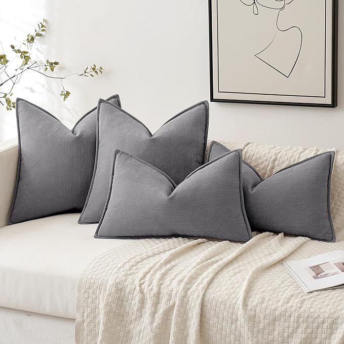 MIULEE Pack of 2 Grey Decorative Lumbar Pillow Covers 12x20 Inch Soft Chenille Luxurious Couch Throw Pillows Farmhouse Cushion Covers with Elegant Design for Sofa Bedroom Living Room Home Decor