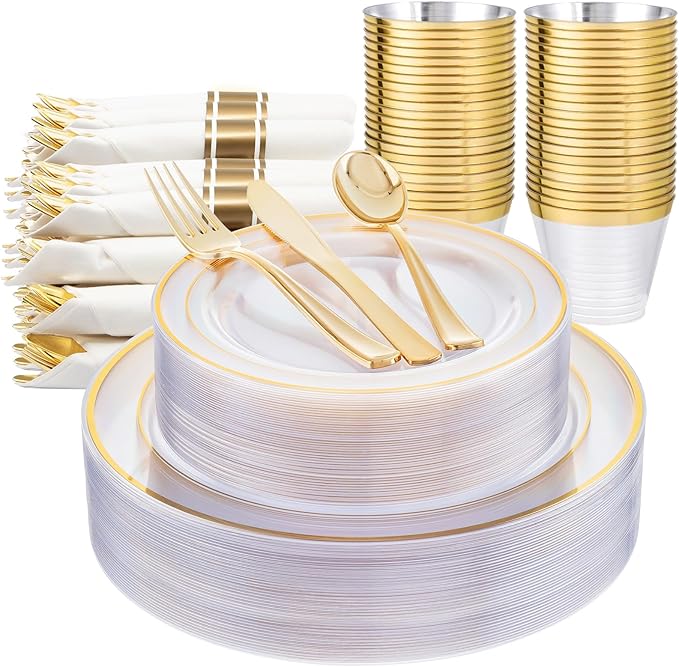 WELLIFE 350PCS Clear-Gold Plastic Plates - 100 Disposable Plates, 150Plastic Silverware, 50 Cups, 50 Napkins for Wedding & Party